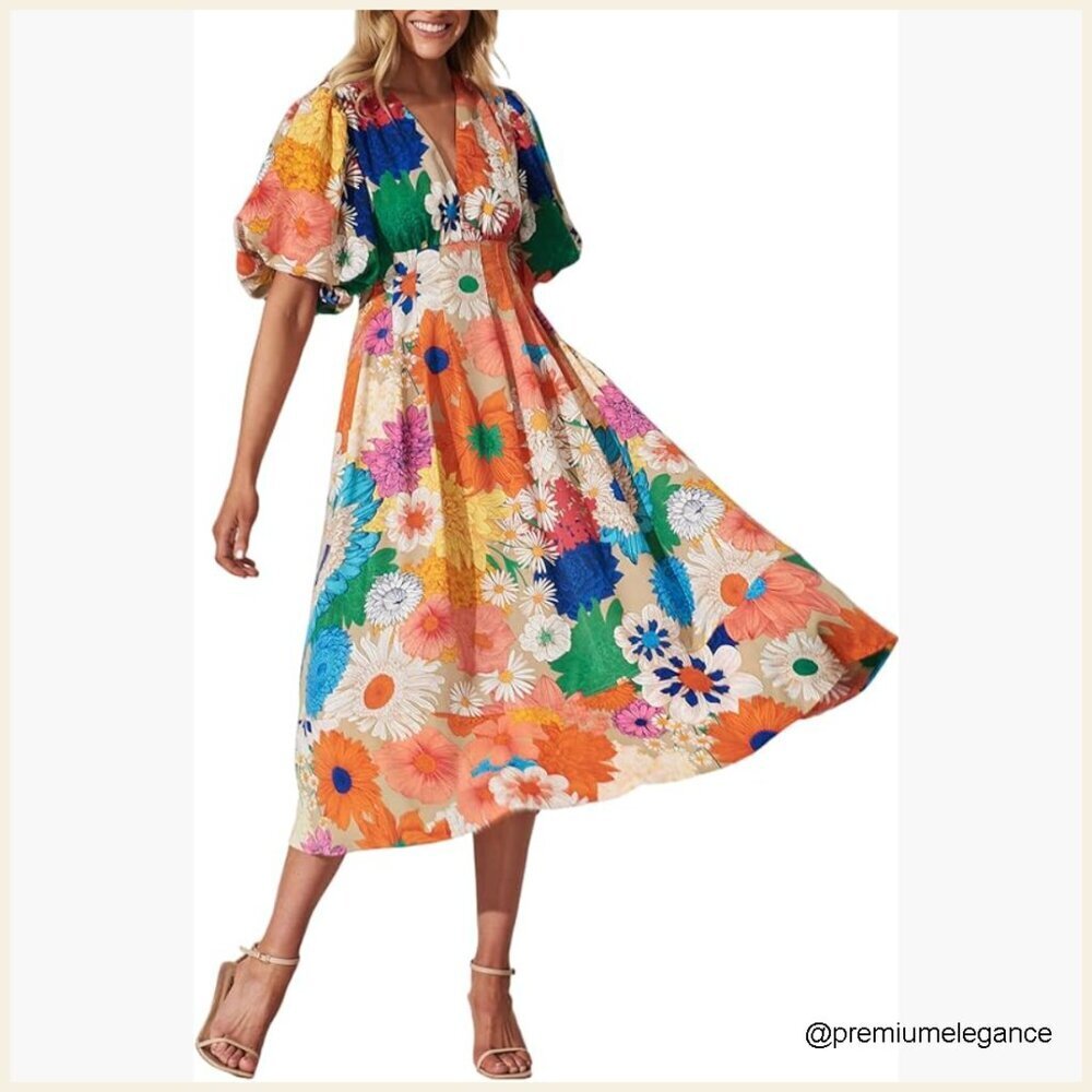 Floral Maxi Dress Wedding Guest Spring Summer V-Neck A-Line